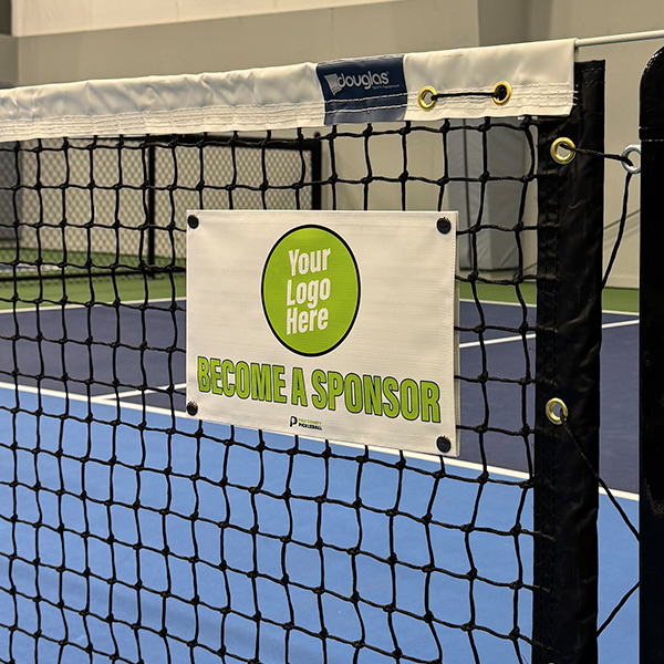 Custom 'Become a Sponsor' net banner with a 'Your Logo Here' placeholder circle above bold green text