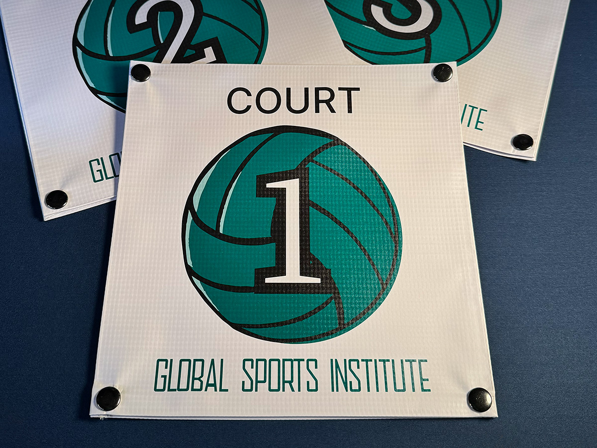 Global Sports Institute custom court ID snap-on banners numbered Court 1, 2, and 3