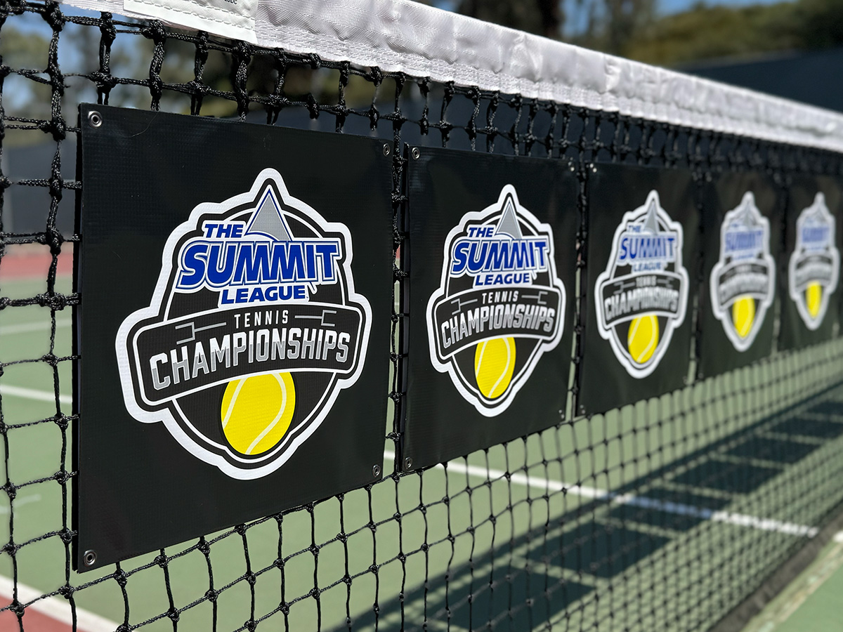 Summit League Tennis Championships snap-on net banners along a full outdoor tennis net