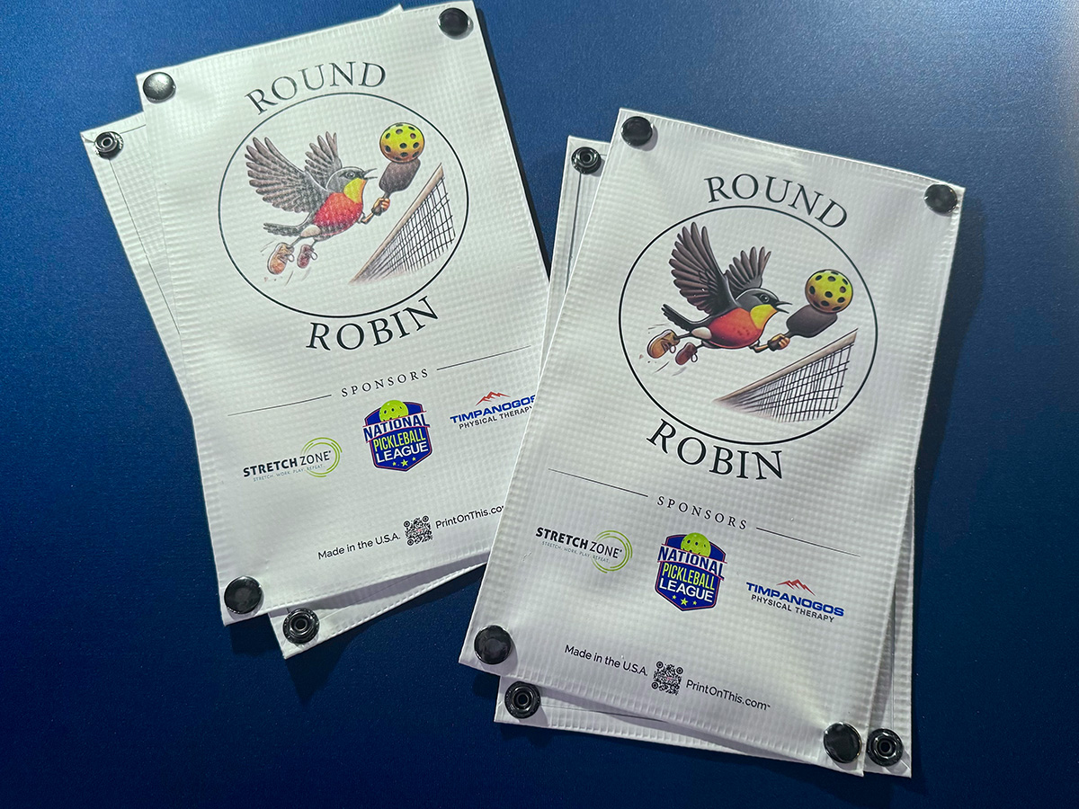 Two Round Robin pickleball tournament banners with sponsor logos, Made in the USA